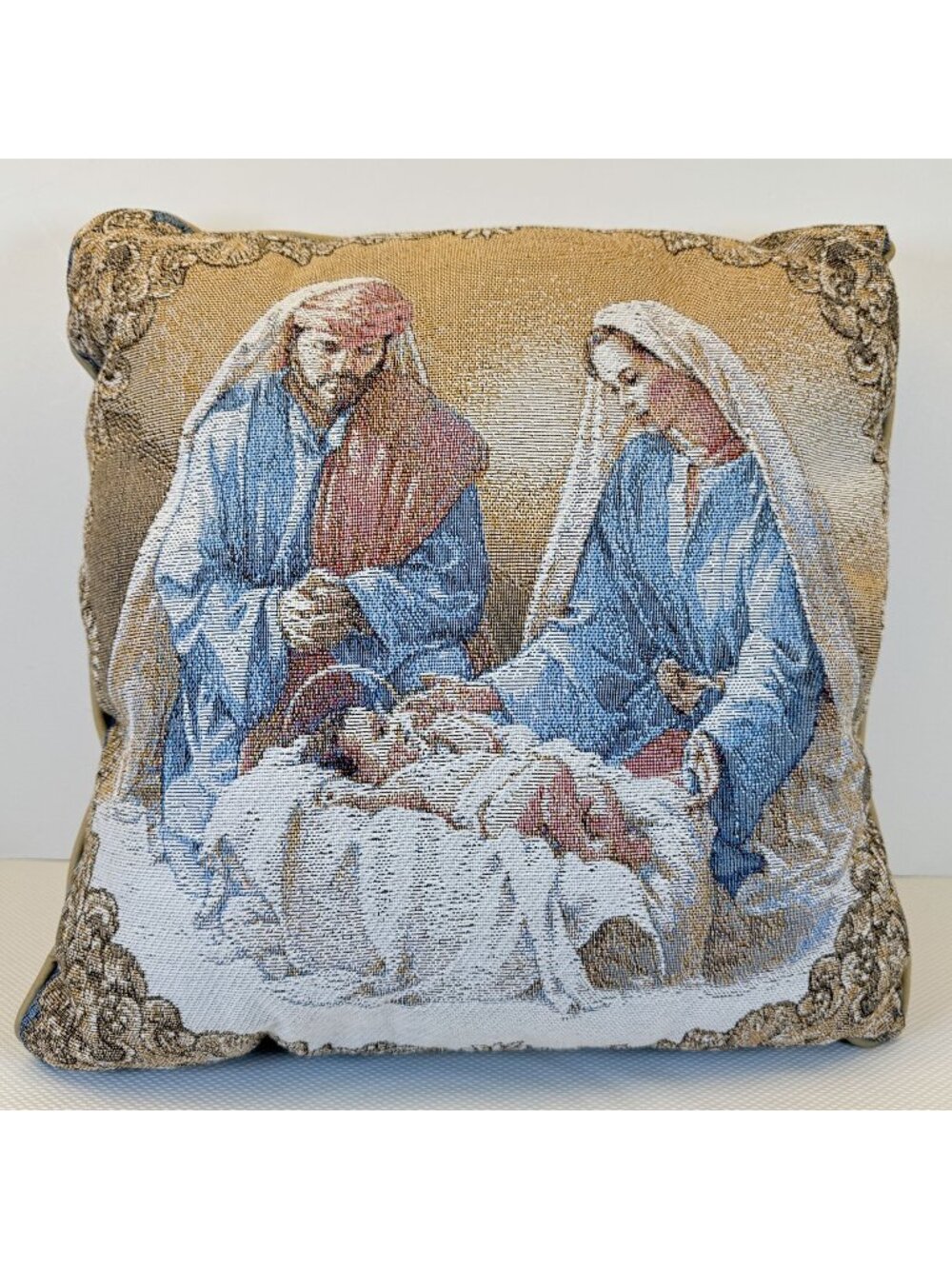 Vintage Nativity Tapestry Throw Pillow 16"x16" Tan Backing Mary Joseph Jesus
